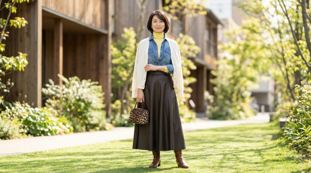 エコレザースカートで50代の春コーデが変わる！きれいめ着こなし術