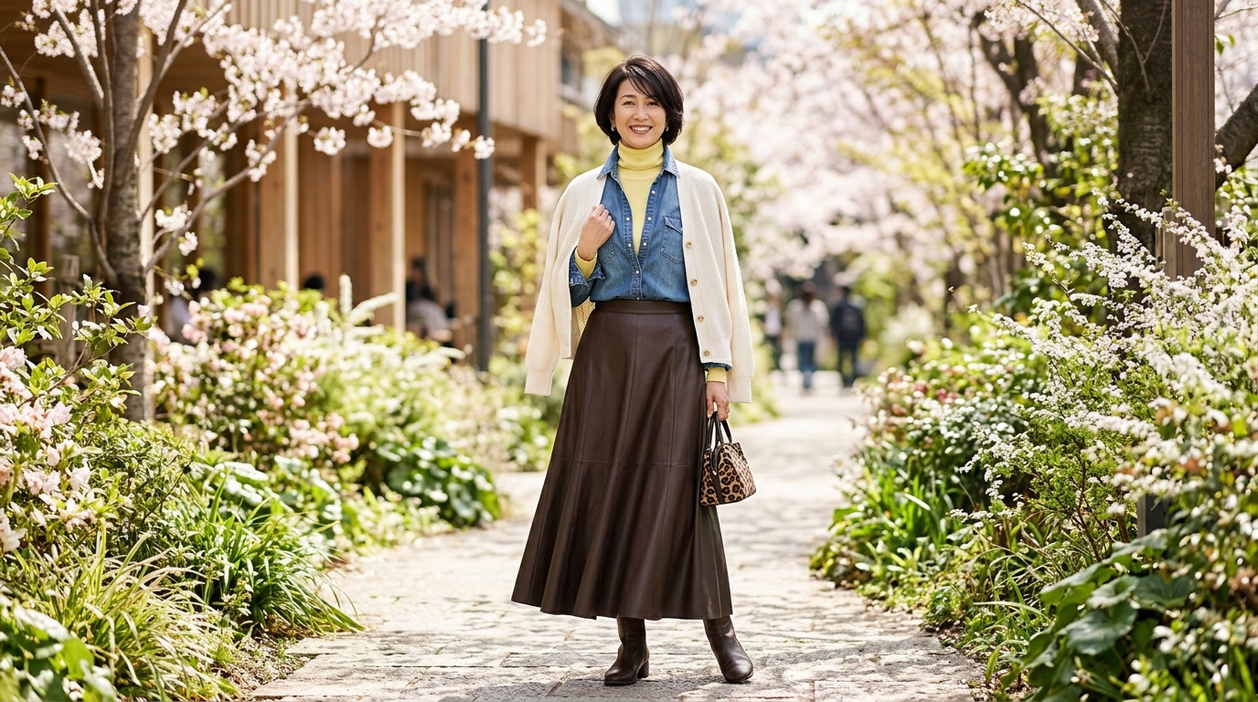 エコレザースカートで50代の春コーデが変わる！きれいめ着こなし術