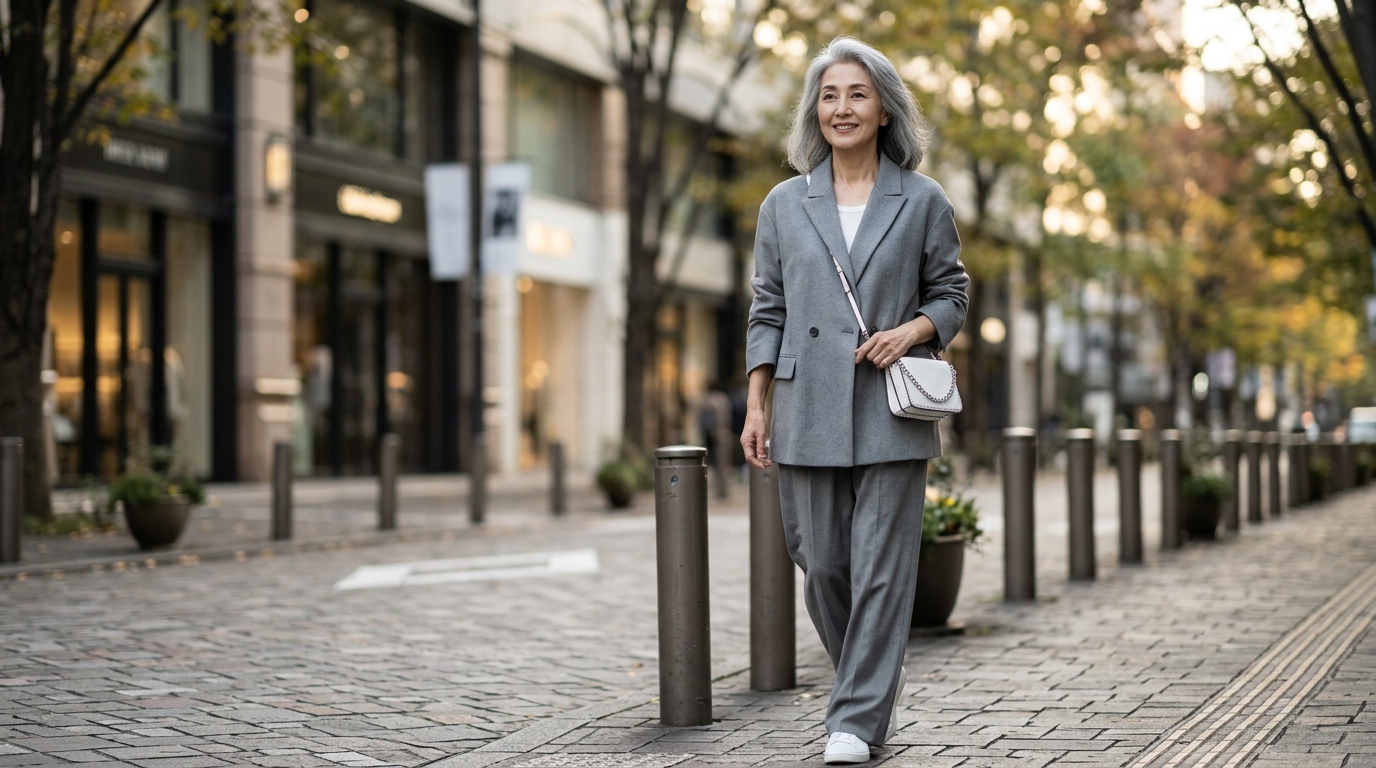 65歳マダムに学ぶ、UNIQLO:Cグレーセットアップの着こなし術