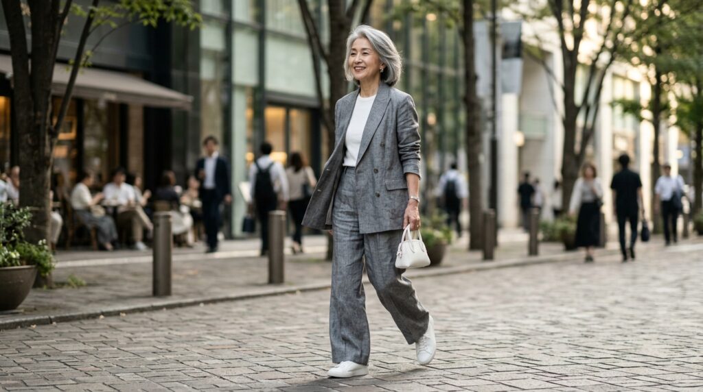 65歳マダムに学ぶ、UNIQLO:Cグレーセットアップの着こなし術