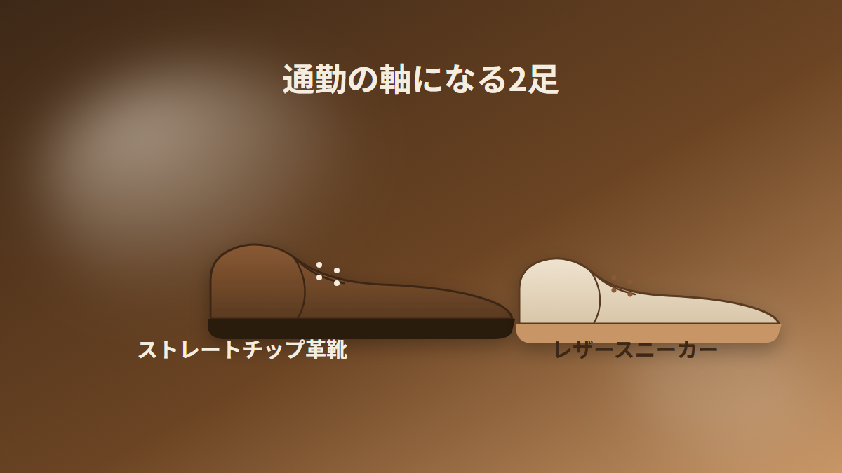 通勤の軸になるストレートチップ革靴とレザースニーカーのイラスト