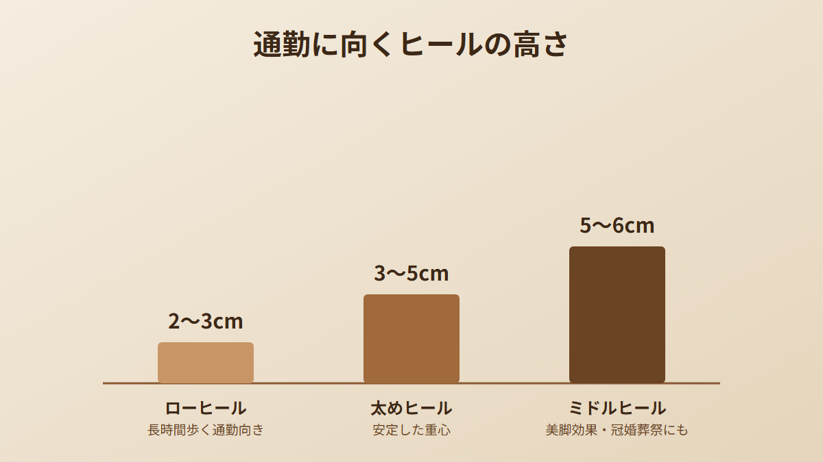 通勤に向くヒールの高さ2〜3cm、3〜5cm、5〜6cmの比較図