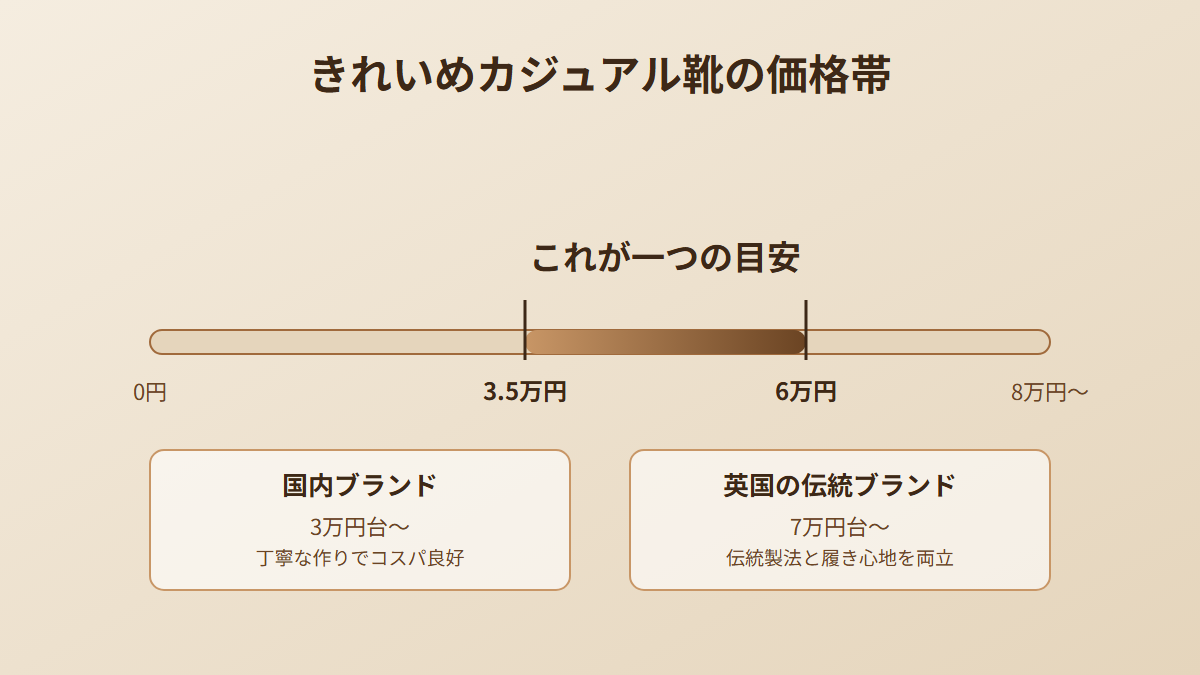 きれいめカジュアル靴の価格帯3.5万円から6万円の目安を示す図