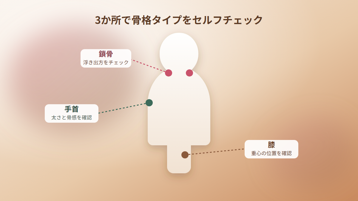 手首・鎖骨・膝の3か所で骨格タイプをセルフチェックする図解