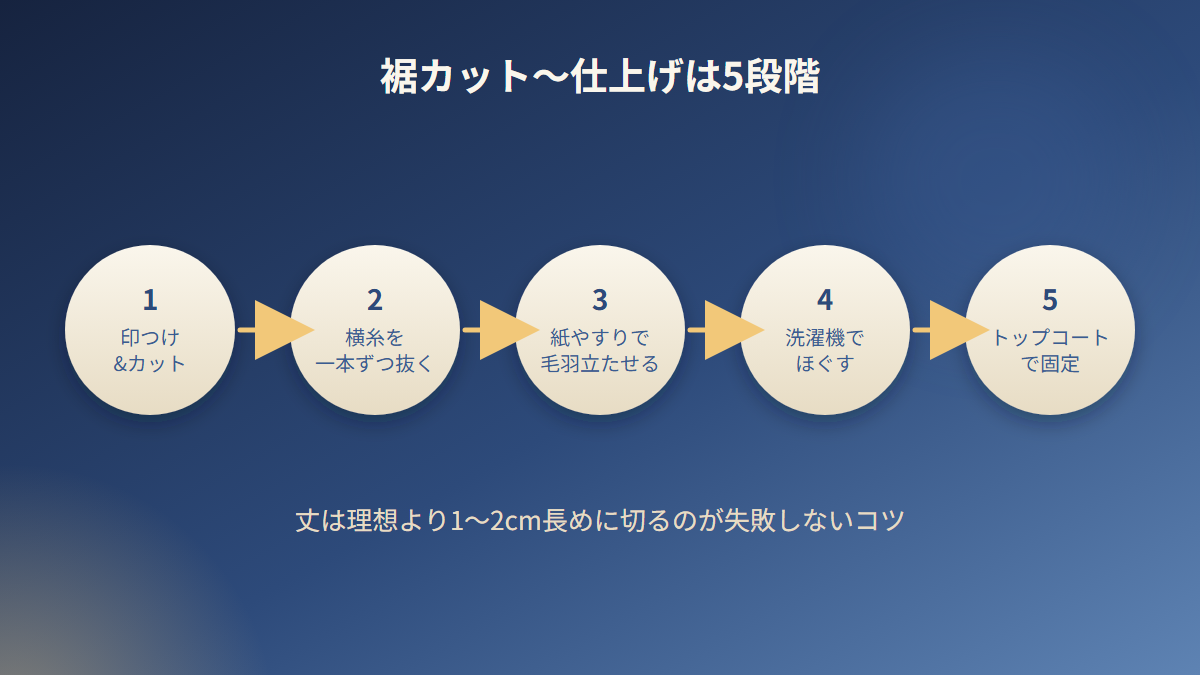 デニムの裾カットからフリンジ仕上げまでの5段階の作業フロー図解