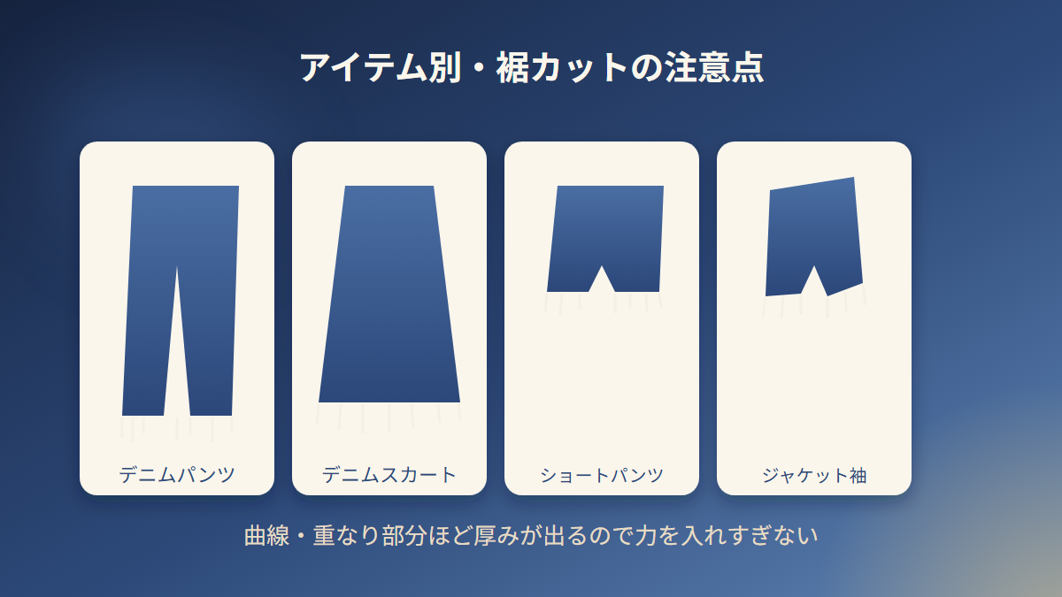 デニムパンツ・スカート・ショートパンツ・ジャケット袖の裾カット注意点の図解