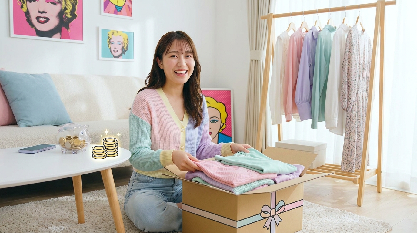 洋服サブスクで届いた服を確認する20代女性