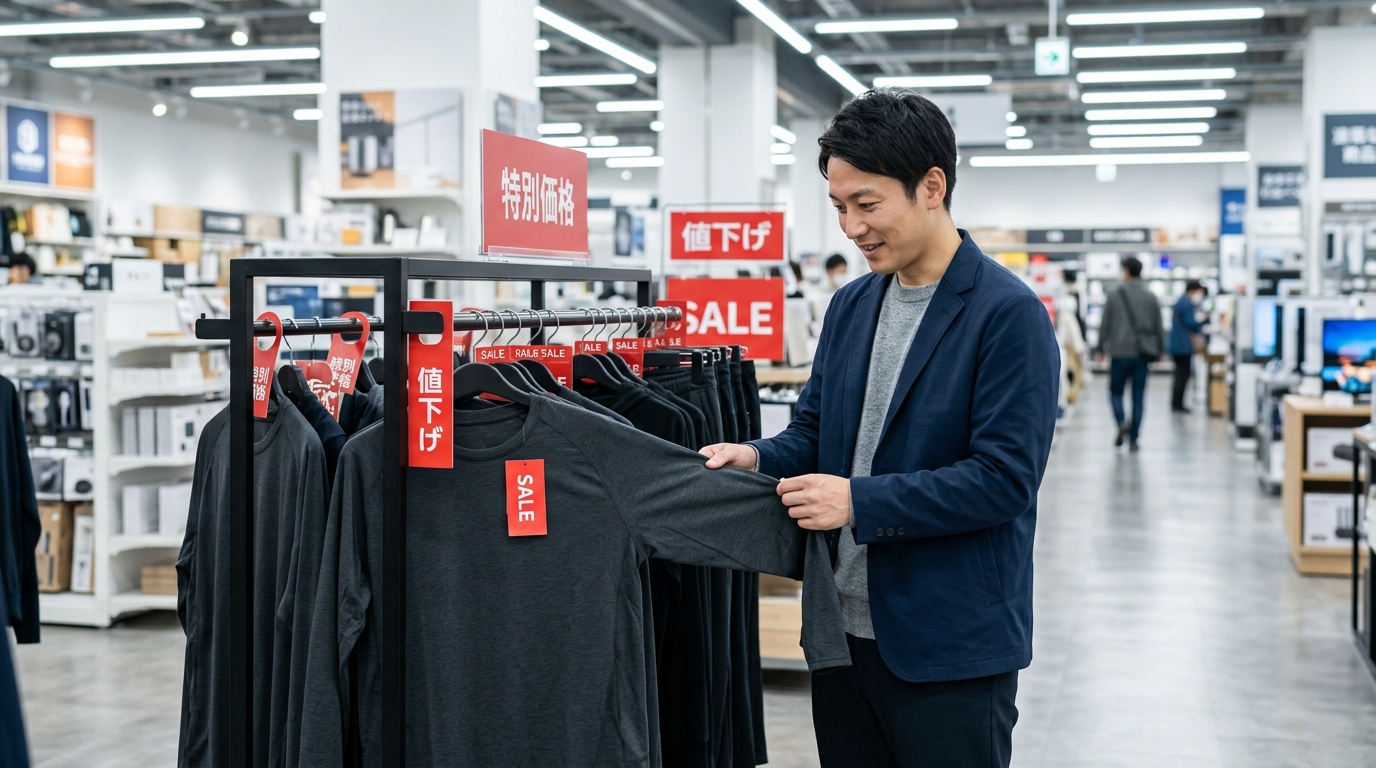 リカバリーウェアの値下げ品を店舗で手に取る男性